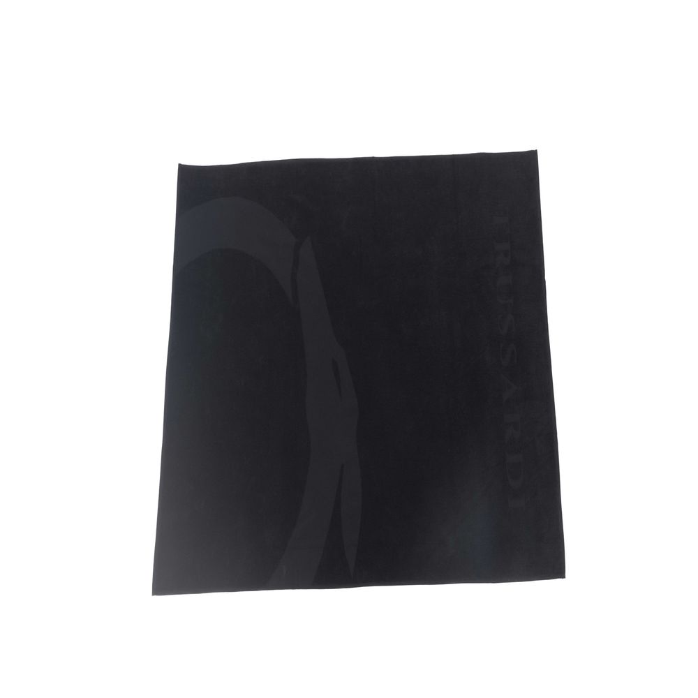 Black cotton Trussardi Beachwear men's beach towel with the Trussardi logo and stylish striped design for beach and pool use.