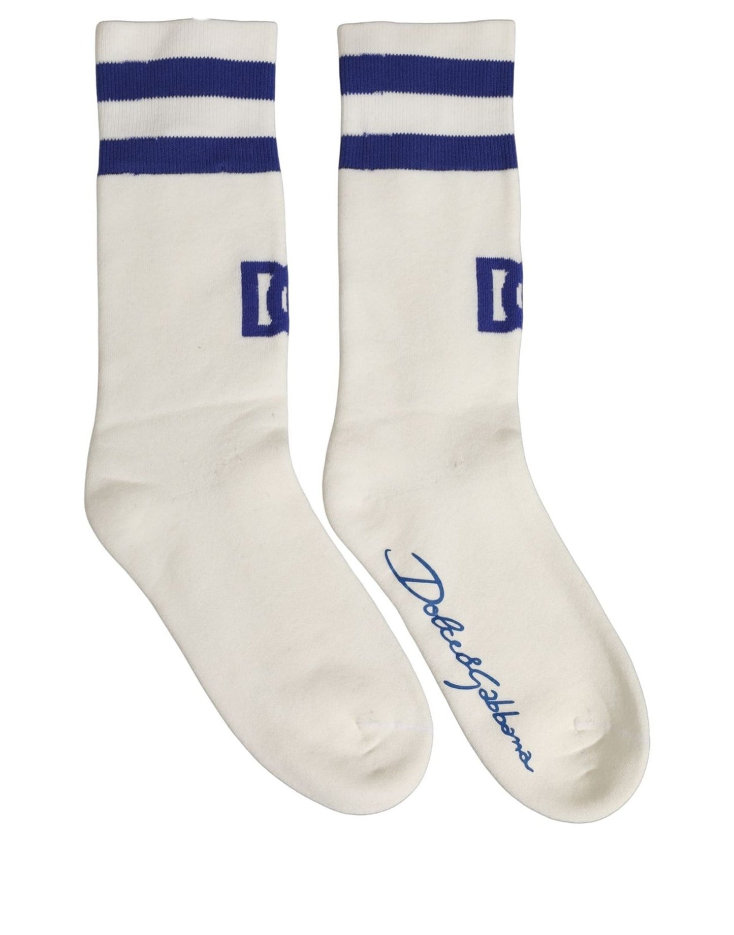 Dolce & Gabbana White Blue Cotton Logo Calf Women Accessory Socks