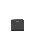 Saint Laurent black calf leather Bos Taurus wallet with sleek design and subtle branding, featuring multiple card slots and a compact shape.