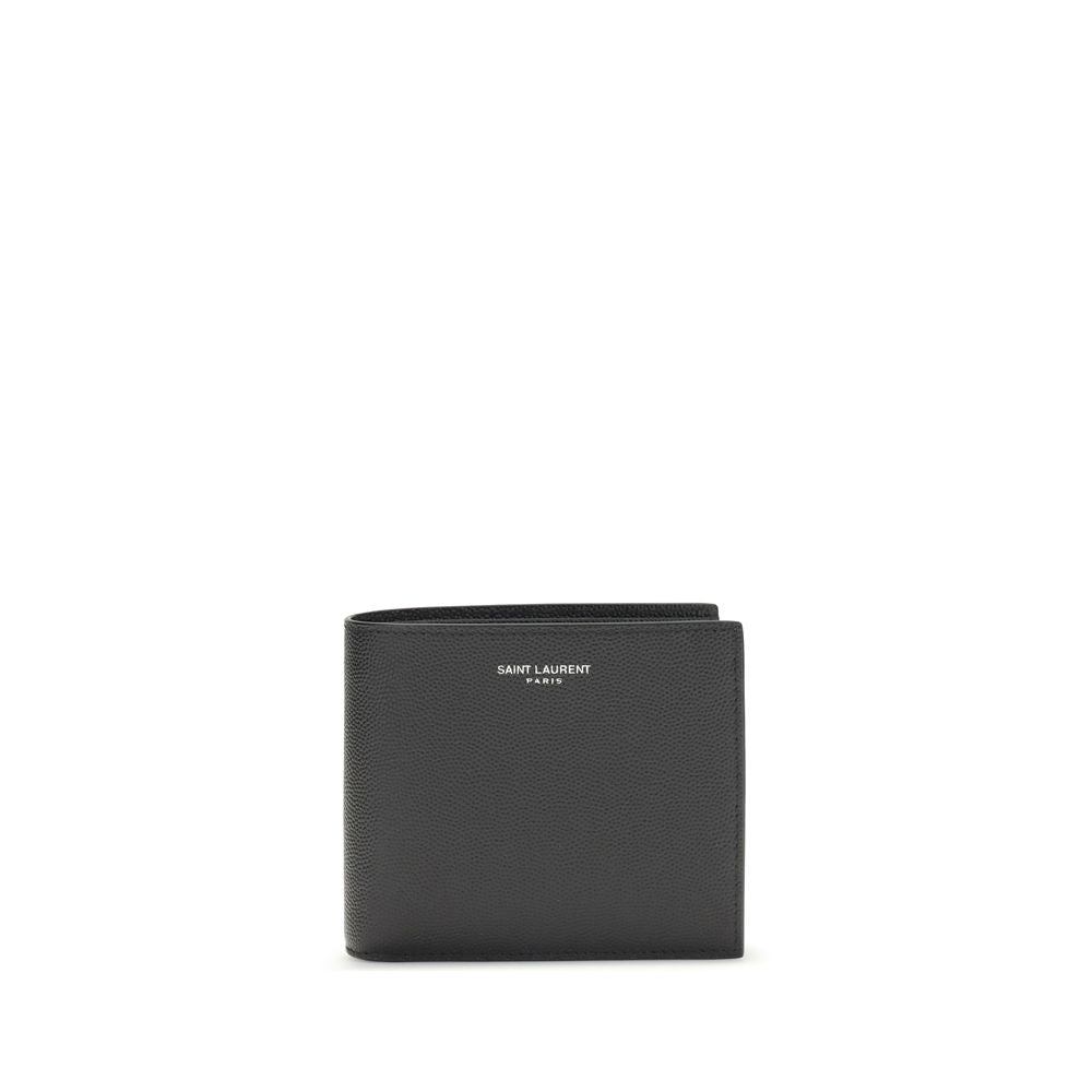Saint Laurent black calf leather Bos Taurus wallet with sleek design and subtle branding, featuring multiple card slots and a compact shape.