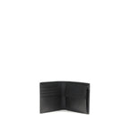 Saint Laurent black calf leather Bos Taurus wallet showing front view with sleek design and gold-tone logo hardware.