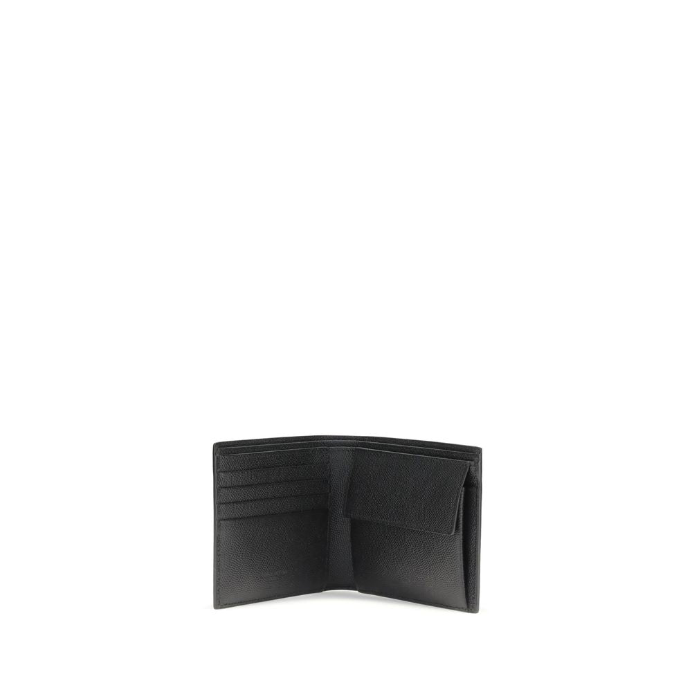 Saint Laurent black calf leather Bos Taurus wallet showing front view with sleek design and gold-tone logo hardware.