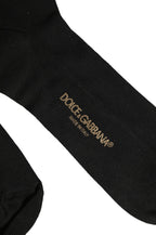 Dolce & Gabbana Black Cotton Ribbed Logo Over The Calf Women Socks - Eljoys Fashion 