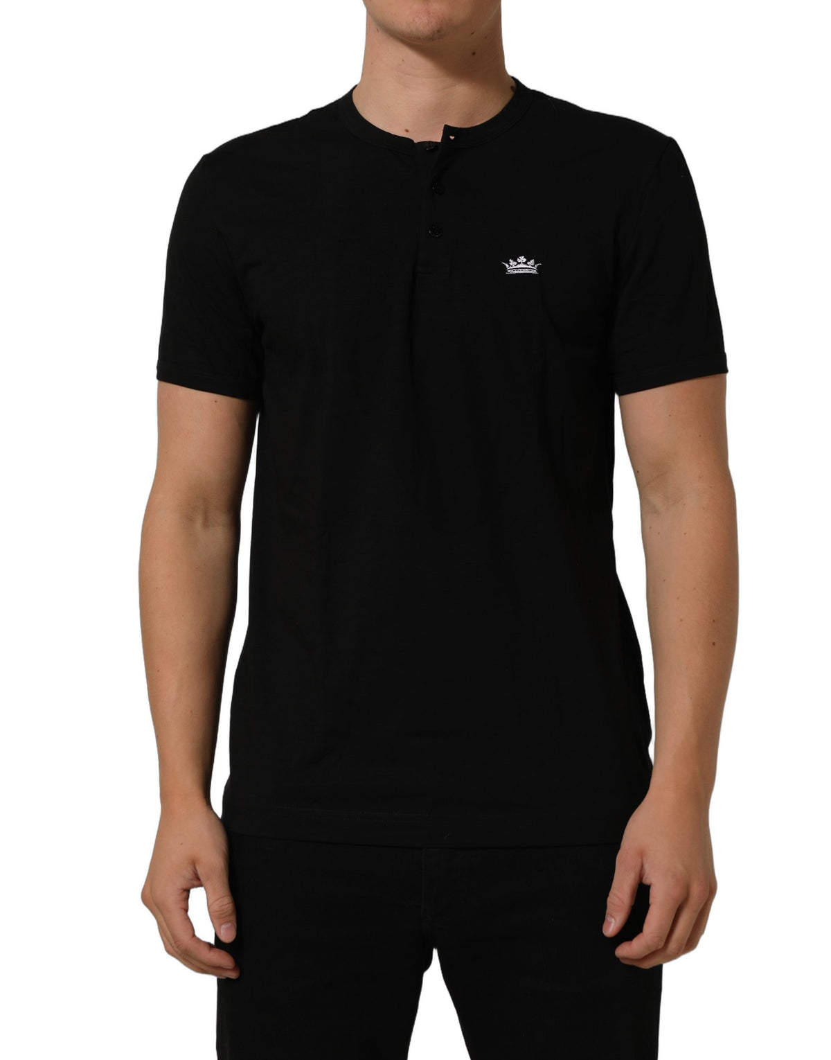 Dolce & Gabbana Black Crown Short Sleeved Henley Men T-shirt - Eljoys Fashion 