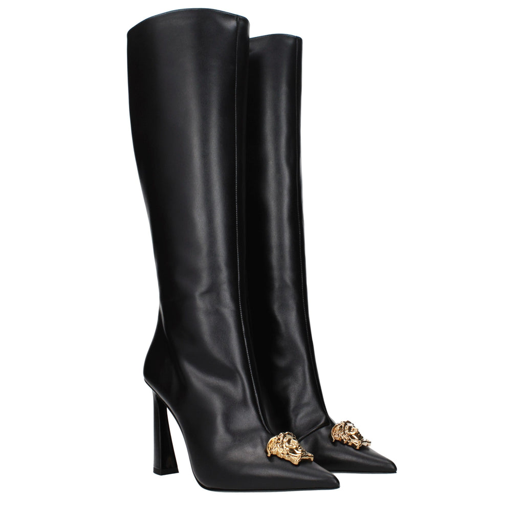 Versace Black Leather High Heel Boots Versace