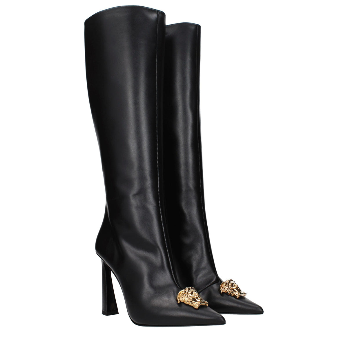 Versace Black Leather High Heel Boots Versace
