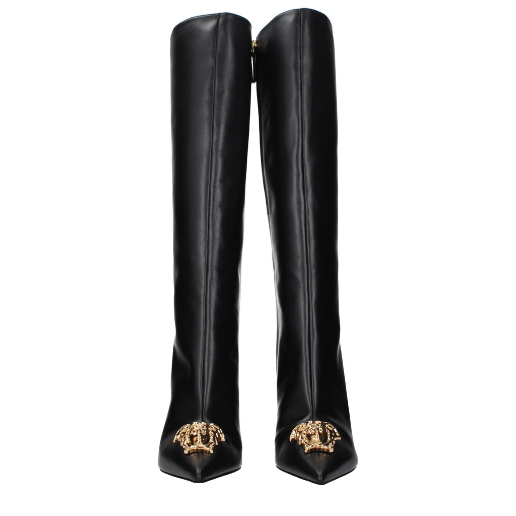 Versace Black Leather High Heel Boots Versace