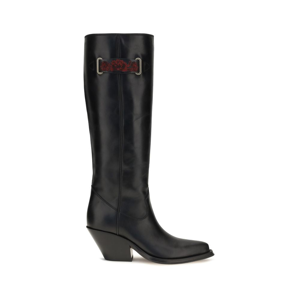 Chloé black calf leather Bos Taurus over-the-knee boots with sleek design and high block heel.