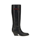 Chloé black calf leather Bos Taurus over-the-knee boots with sleek design and high block heel.