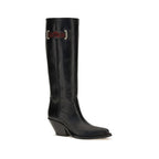 Chloé black calf leather Bos Taurus over-the-knee boots shown from the side with a sleek, fitted design and pointed toe.
