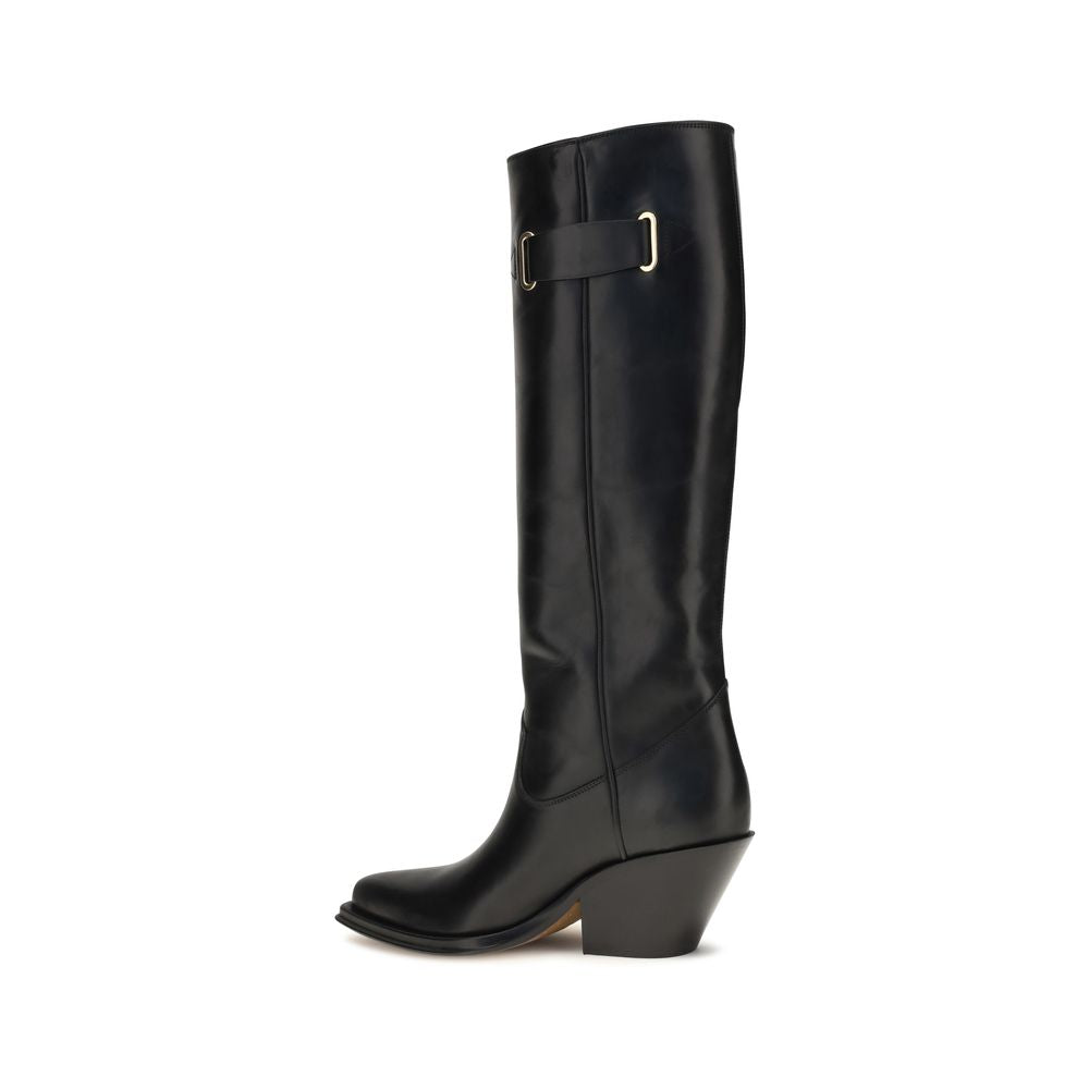 Chloé black calf leather Bos Taurus over-the-knee boots displayed on a model showing the sleek design and knee-high style.