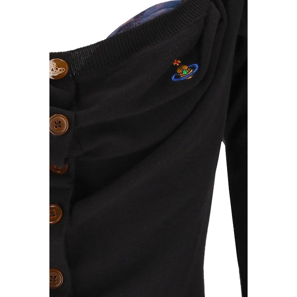 Black silk cardigan by Vivienne Westwood featuring a classic design and button closure, shown on a plain background.