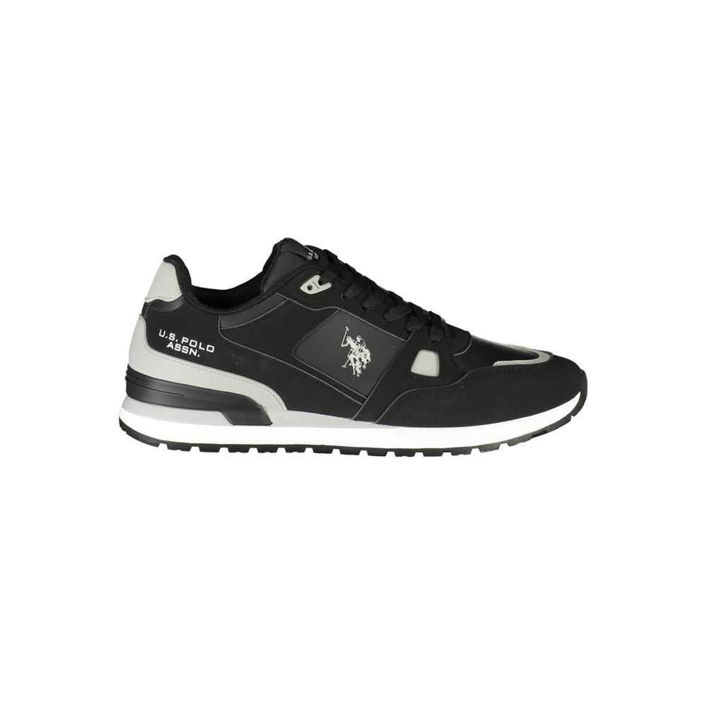 Black polyurethane men's sneaker by U.S. POLO ASSN., featuring a sleek design and casual athletic style.