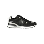 Black polyurethane men's sneaker by U.S. POLO ASSN., featuring a sleek design and casual athletic style.
