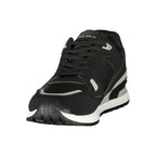 U.S. POLO ASSN. black polyurethane men's sneaker with sleek design and white sole, showcased from a side view.