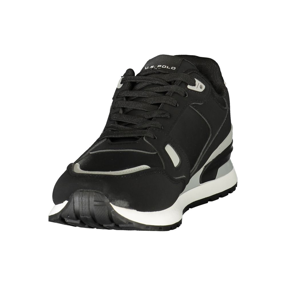 U.S. POLO ASSN. black polyurethane men's sneaker with sleek design and white sole, showcased from a side view.