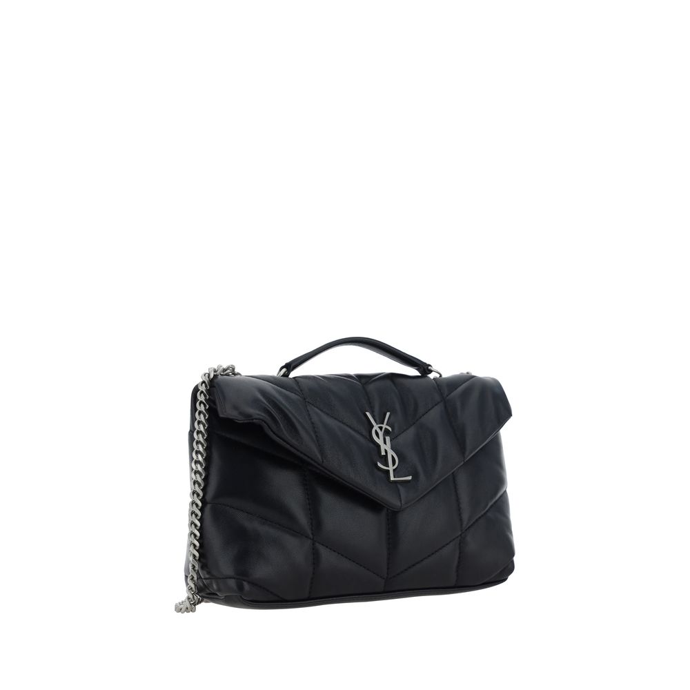 Saint Laurent Black Lamb Ovis Aries Shoulder Bag with gold-tone hardware and structured design, showcasing elegant craftsmanship.