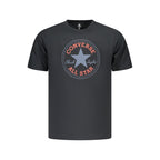 Black cotton men's Converse T-shirt displayed flat with crew neck and short sleeves, showcasing casual, comfortable style.