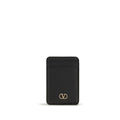 Valentino Garavani black calf leather Bos Taurus wallet with silver-tone hardware and multiple card slots.