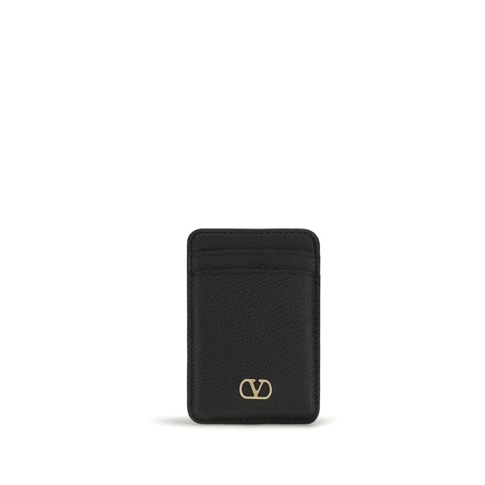 Valentino Garavani black calf leather Bos Taurus wallet with silver-tone hardware and multiple card slots.