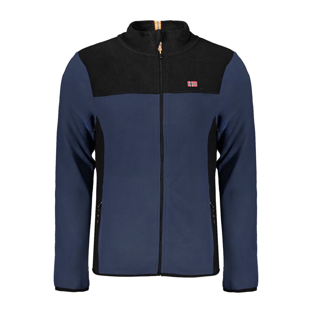 Norway 1963 blue men's polyester sweater with a classic crew neck and ribbed cuffs, displayed on a hanger.