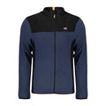 Norway 1963 blue men's polyester sweater with a classic crew neck and ribbed cuffs, displayed on a hanger.