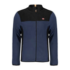 Norway 1963 blue men's polyester sweater with a classic crew neck and ribbed cuffs, displayed on a hanger.