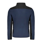 Norway 1963 blue polyester men's sweater showing a close-up of the knitted fabric and classic crew neck design.