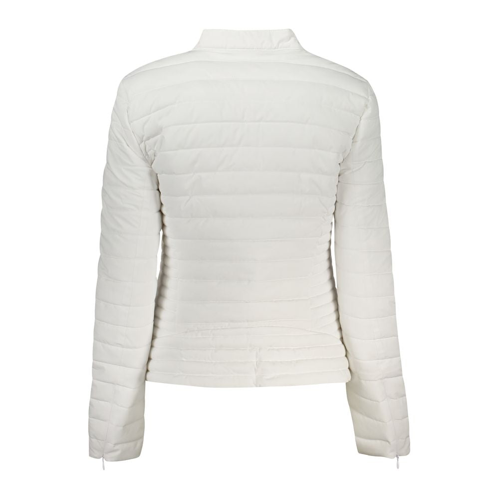 Guess Jeans Bianco women's polyurethane jacket, stylish white denim jacket with a fitted design and classic collar, front pockets.