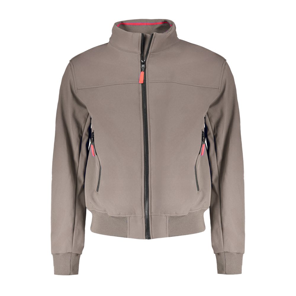 Norway 1963 brown polyester men's jacket with a front zipper, collar, and long sleeves, displayed on a hanger.