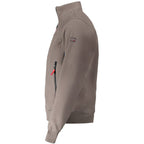 Norway 1963 brown polyester men's jacket displayed on a hanger, featuring a classic design with a front zipper and collar.