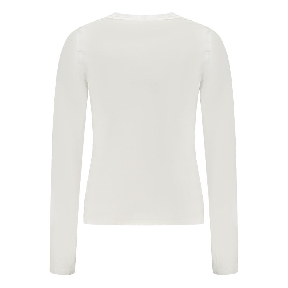 White cotton women's T-shirt by Guess Jeans, casual fit with short sleeves and crew neckline, ideal for everyday wear.