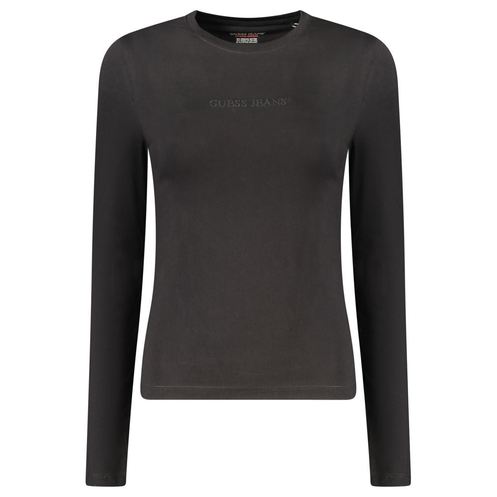 Black cotton women's T-shirt from Guess Jeans with a classic fit and short sleeves, displayed on a plain background.