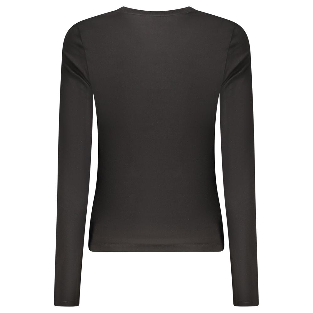 Black cotton women's T-shirt by Guess Jeans with a classic crew neck and fitted style, shown on a plain background.