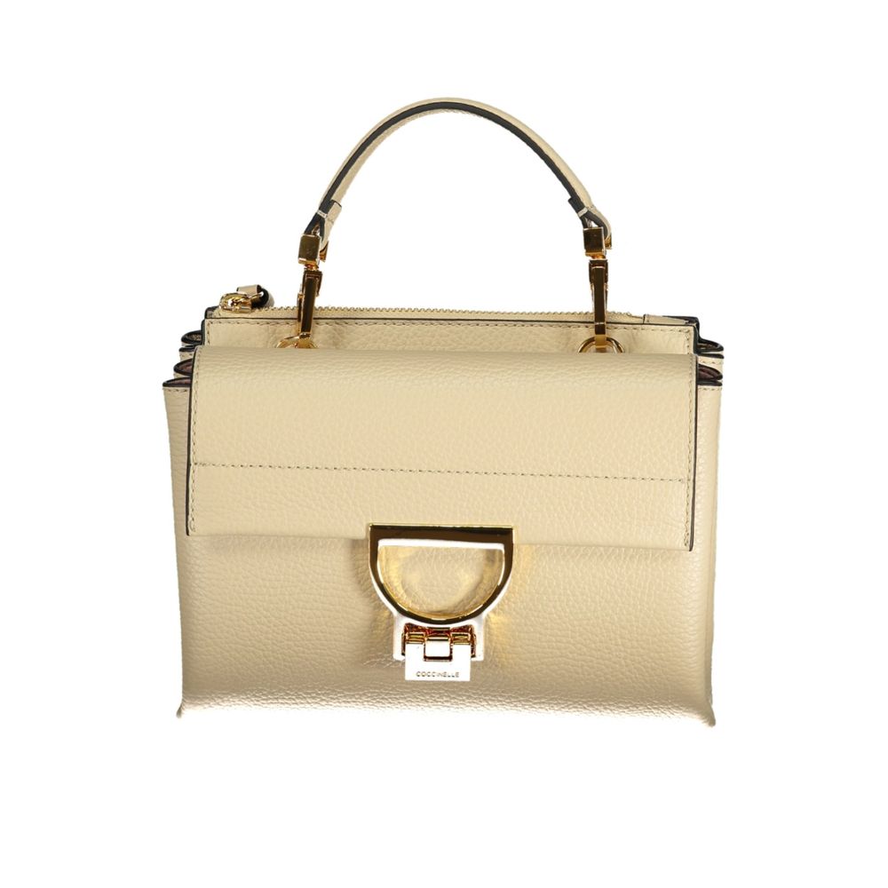 Beige leather women's bag by Coccinelle with sleek design and subtle stitching, displayed on a plain background.