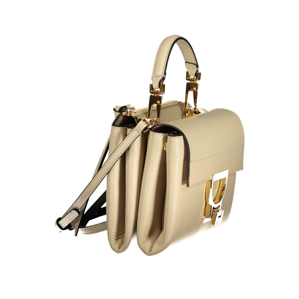 Beige leather women's bag by Coccinelle with sleek design and subtle stitching, featuring a top handle and minimalist style.