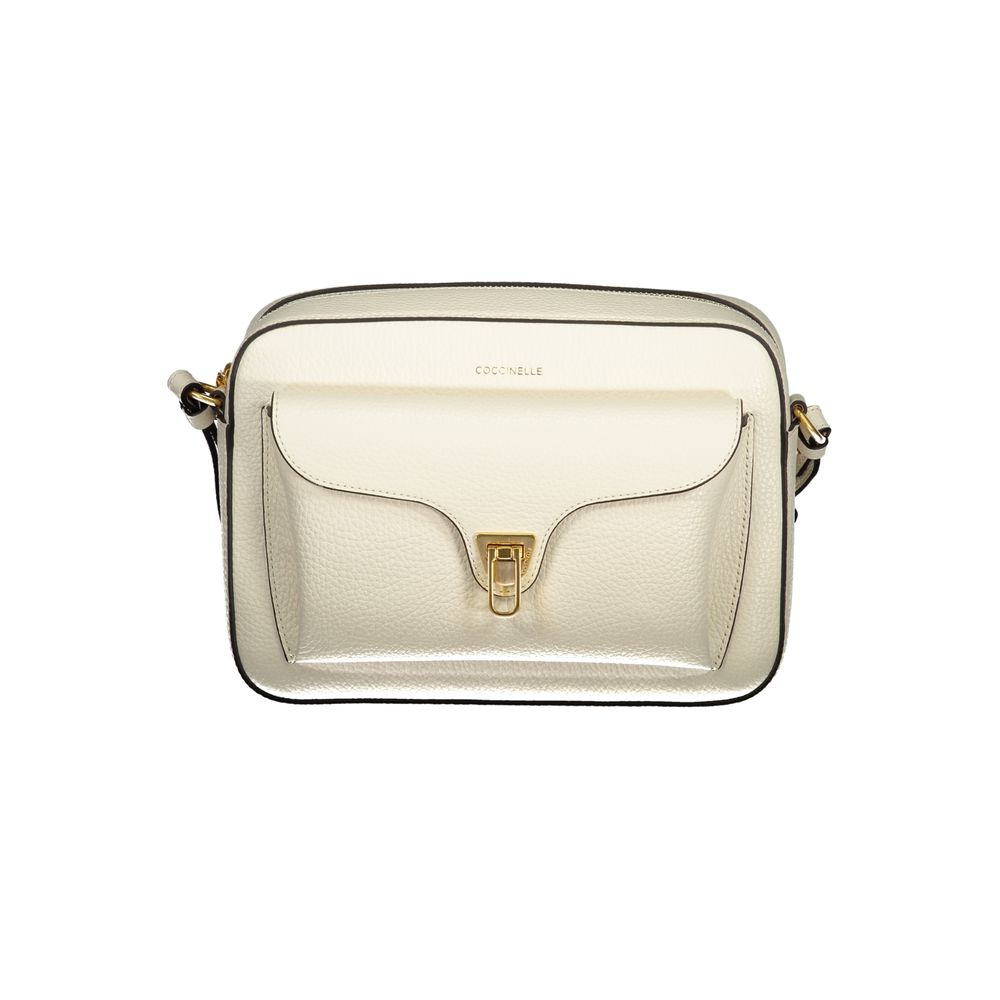 Coccinelle Bianco leather women's bag with sleek design and silver hardware, featuring top handles and a spacious interior.