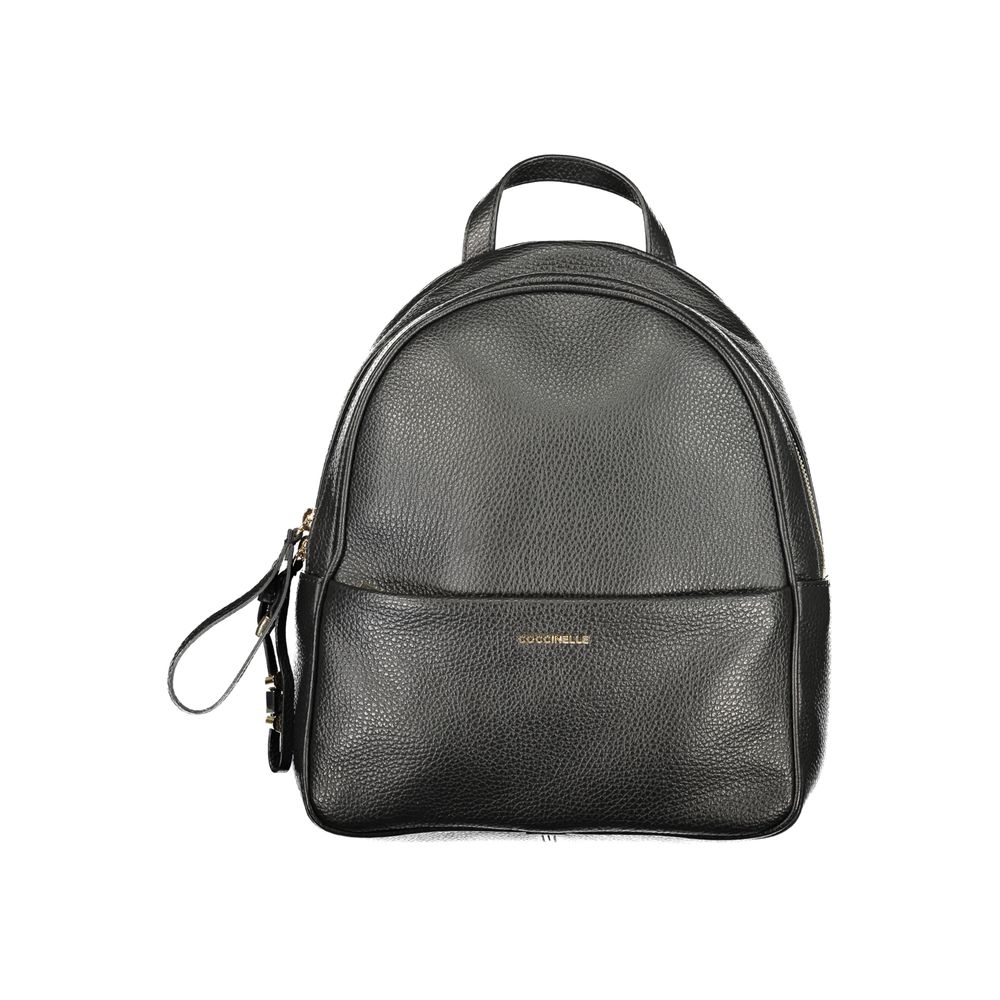 Black leather women's backpack by Coccinelle with adjustable straps and sleek design, featuring a front zipper pocket and top handle.