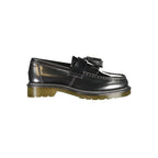 Black leather Dr. Martens women's classic shoe with sturdy sole and yellow stitching, showcasing the iconic boot style.
