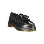 Black leather Dr. Martens women's classic shoes with yellow stitching and durable soles, showcasing a stylish and iconic design.