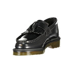 Black leather Dr. Martens women's classic shoes with chunky soles and yellow stitching, showcasing a timeless, durable boot design.
