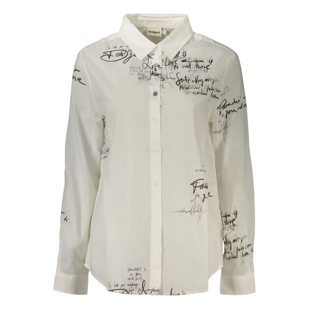 Desigual white cotton women's shirt with button-down front and collar, casual and comfortable for everyday wear.