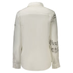 Desigual white cotton women's shirt with a relaxed fit and stylish design, shown on a hanger.