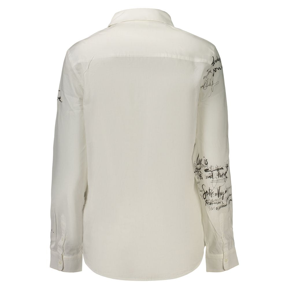 Desigual white cotton women's shirt with a relaxed fit and stylish design, shown on a hanger.