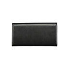 Mario Valentino black polyurethane women's wallet with sleek design and multiple card slots, featuring a zip-around closure.