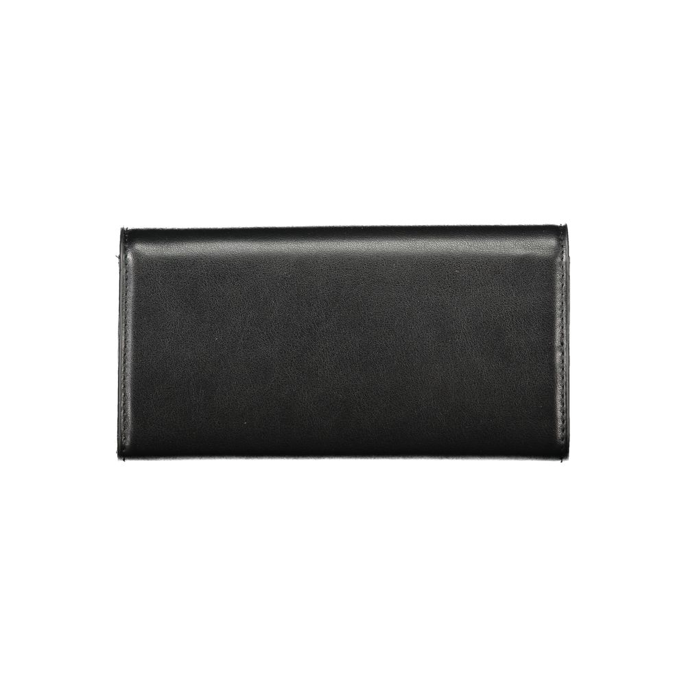 Mario Valentino black polyurethane women's wallet with sleek design and multiple card slots, featuring a zip-around closure.