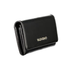 Mario Valentino black polyurethane women's wallet with multiple card slots and zip coin compartment, stylish and compact accessory.