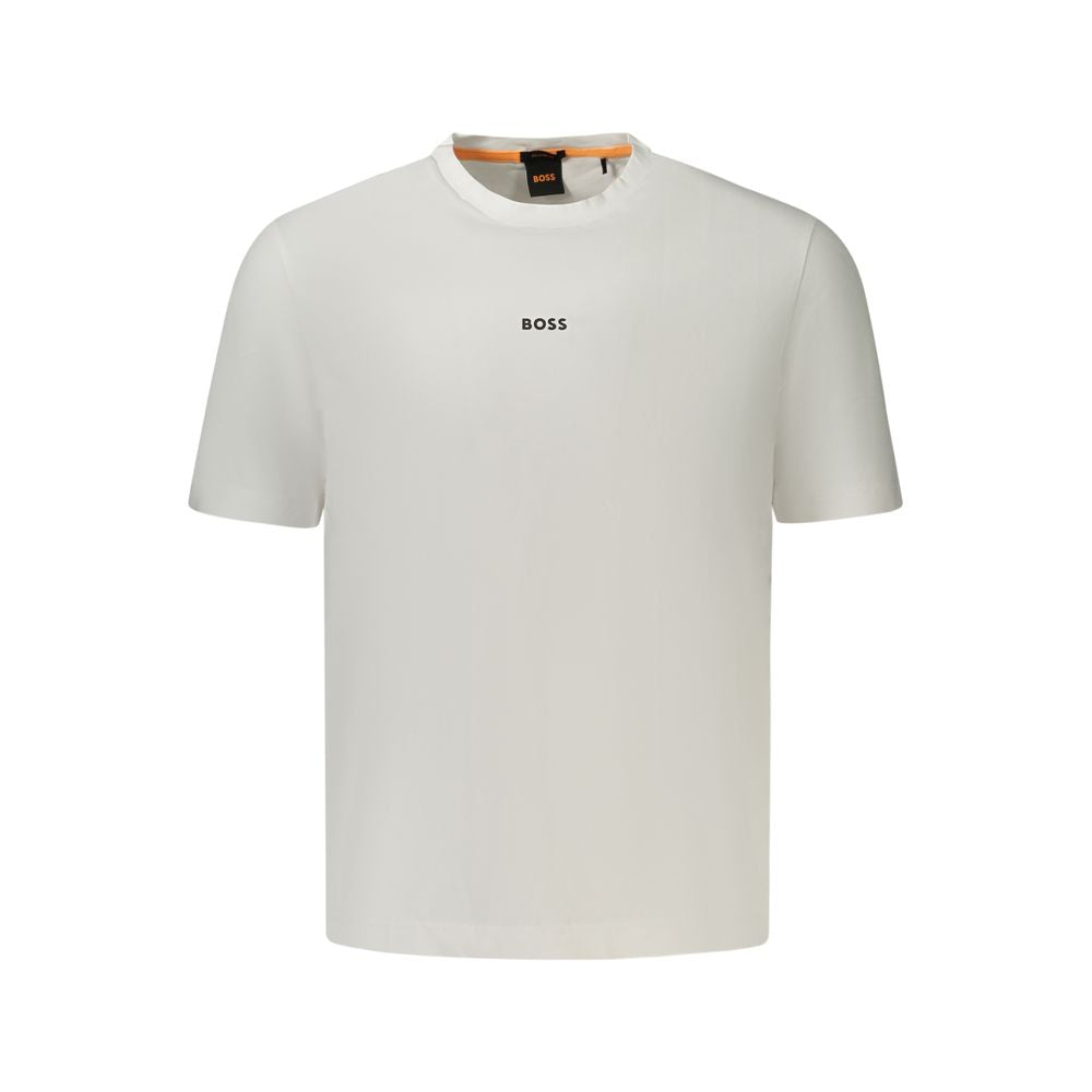 White cotton men's T-shirt by Hugo Boss, featuring a classic fit and minimalist design, shown on a plain background.