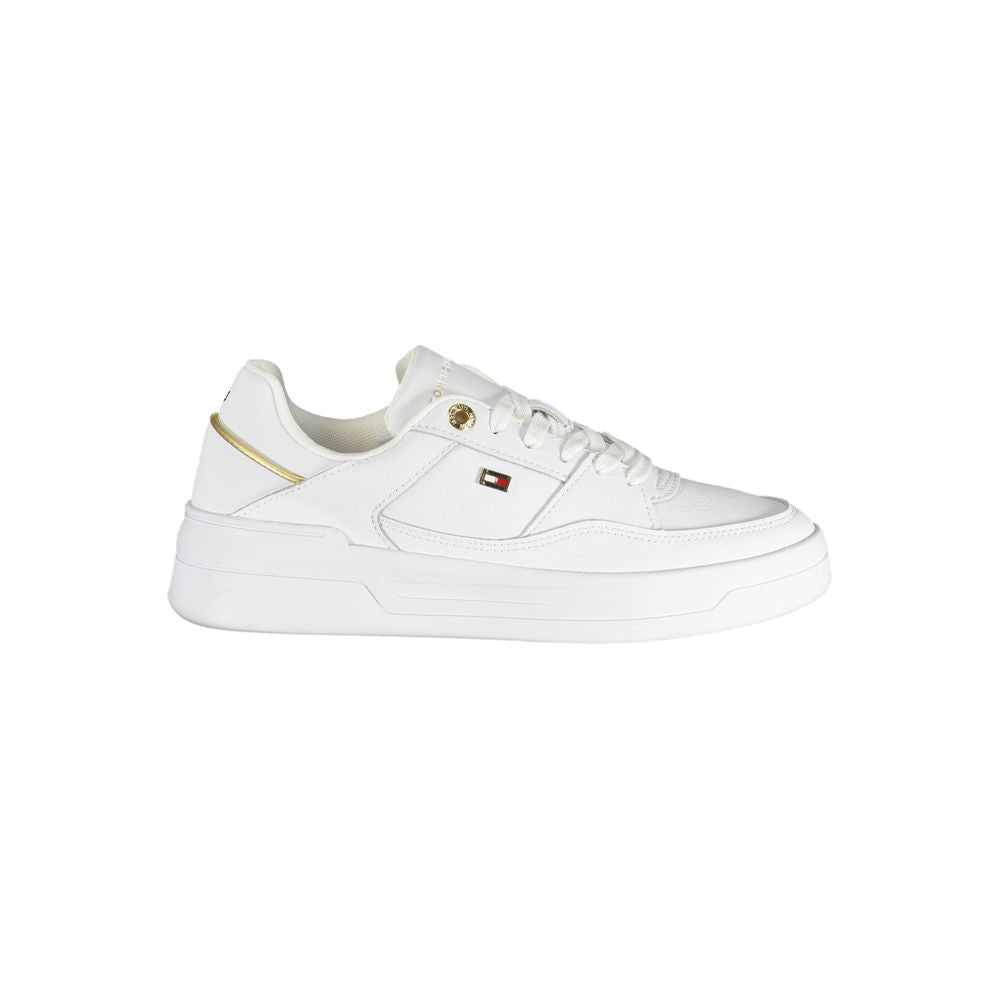 Tommy Hilfiger Bianco Polyurethane Donna sneaker showing white synthetic upper, rubber sole, and casual athletic design.