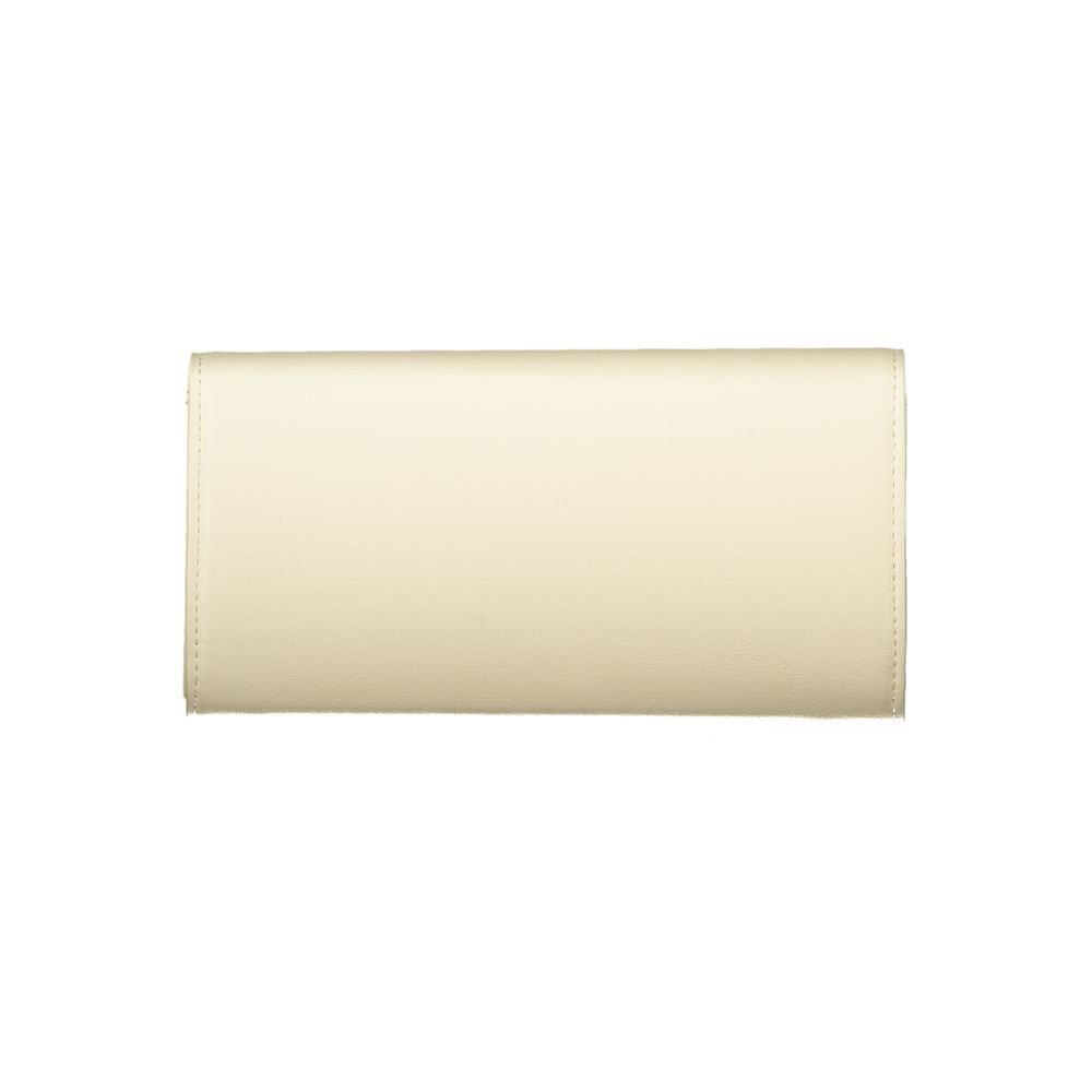 Mario Valentino beige polyurethane women's wallet with multiple card slots and a zip-around closure.